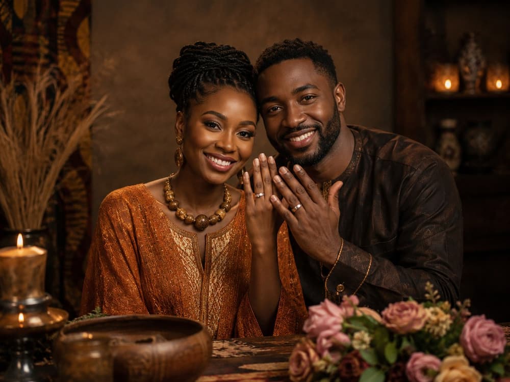 Un couple souriant montre ses alliances, bougies et fleurs sur la table